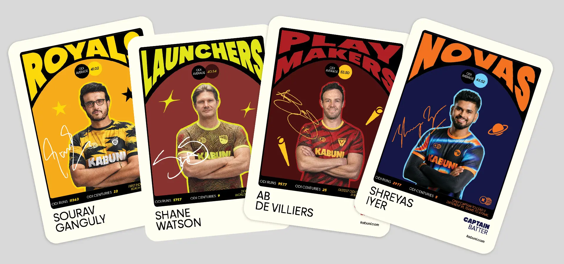 Kabuni Super Coach cards: Sourav Ganguly, Shane Watson, AB de Villiers and Shreyas Iyer