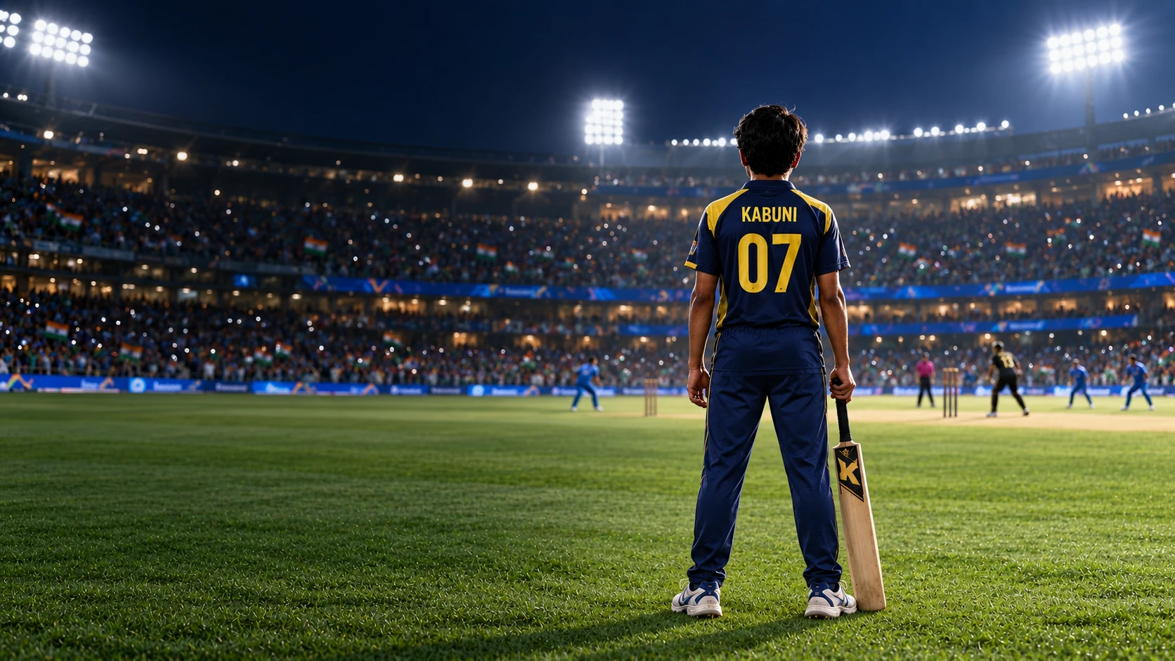 The dream becomes a professional player in the same pose, facing a packed stadium under floodlights