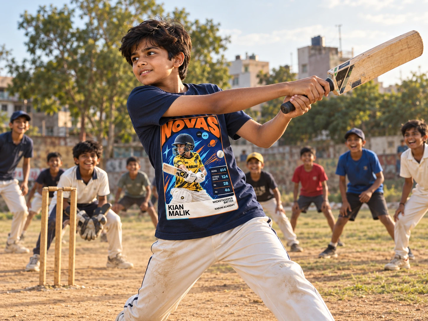 A boy playing cricket with friends in India, wearing Kian Malik’s Novas artwork on his navy T-shirt