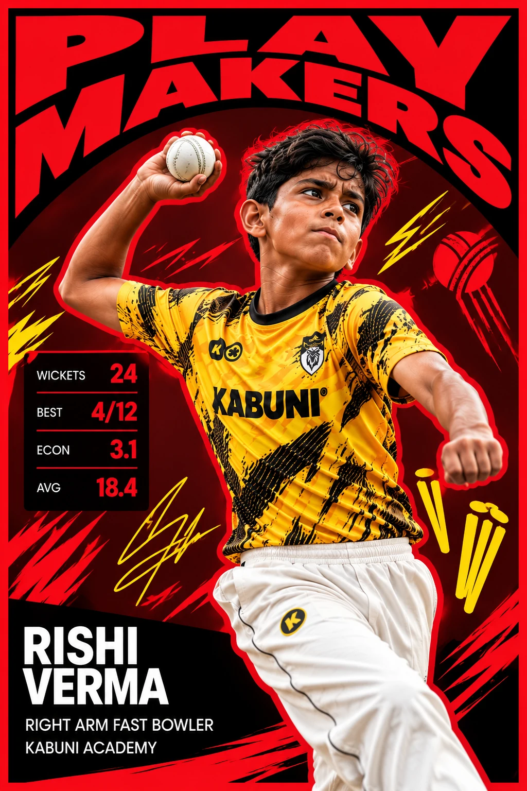 Play Makers bowler Rishi Verma poster in red and black